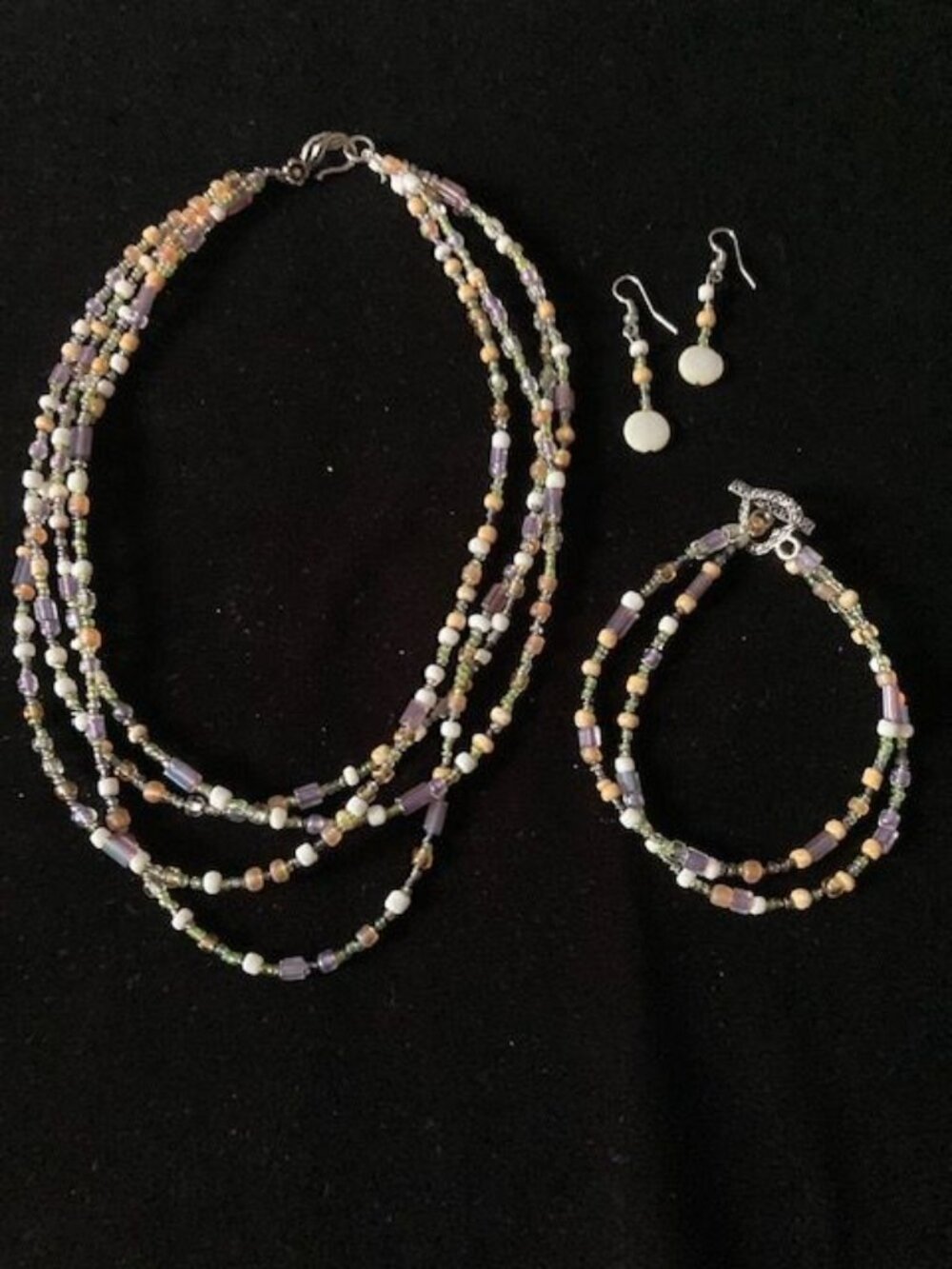 Multicolored Beaded Triple Stranded Necklace, Bracelet and Earring Set